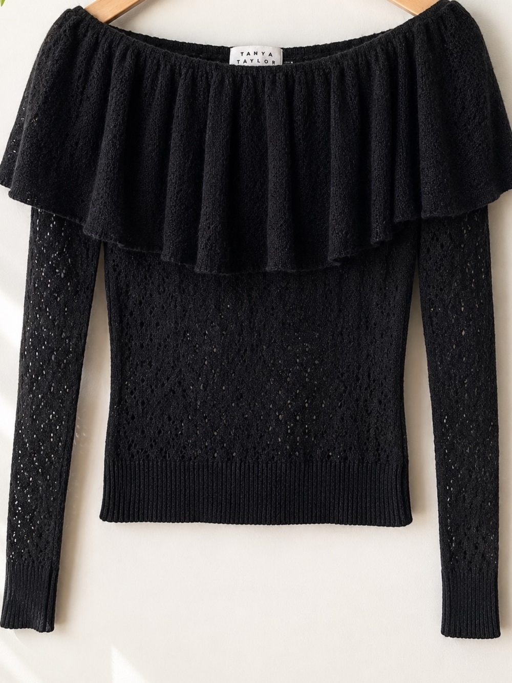 TANYA TAYLOR Black Off Shoulder Wool Pointelle Sweater S